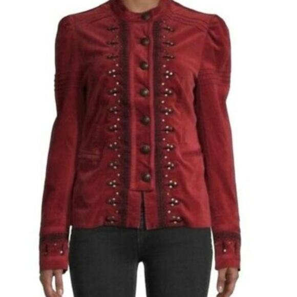 Free People Maven Pintuck Military Red Velvet Velour Jacket - Picture 1 of 8
